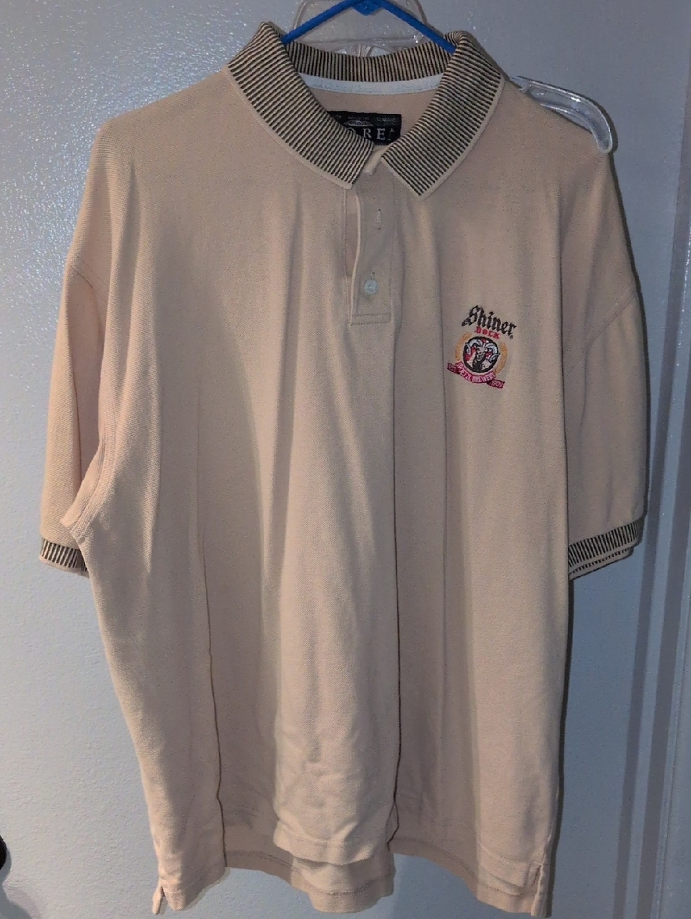 Embroidered Shiner Bock Polo Shirt in Light Beige